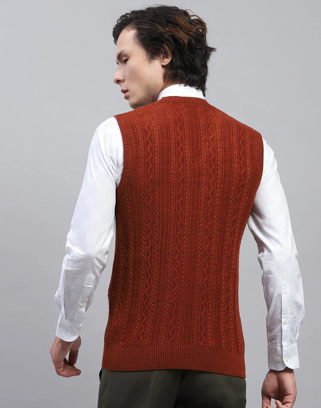 Men Rust Self Design V Neck Sleeveless Sweater - Image 5