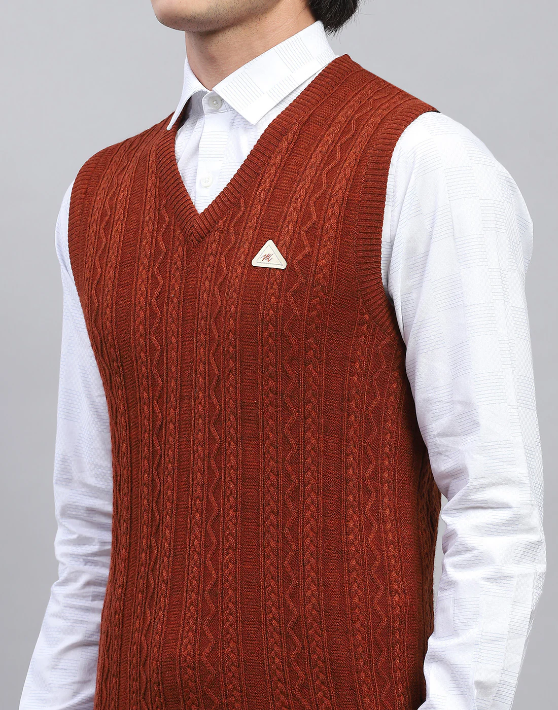 Men Rust Self Design V Neck Sleeveless Sweater - Image 7