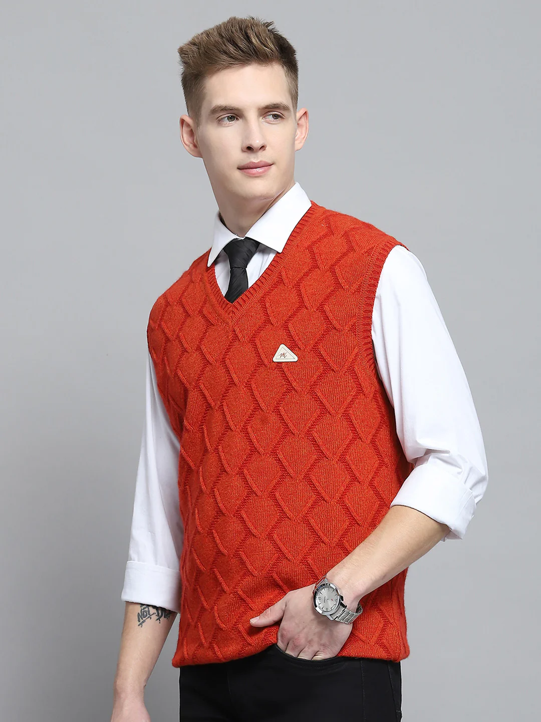 Men Rust Self Design V Neck Sleeveless Sweater - Image 3
