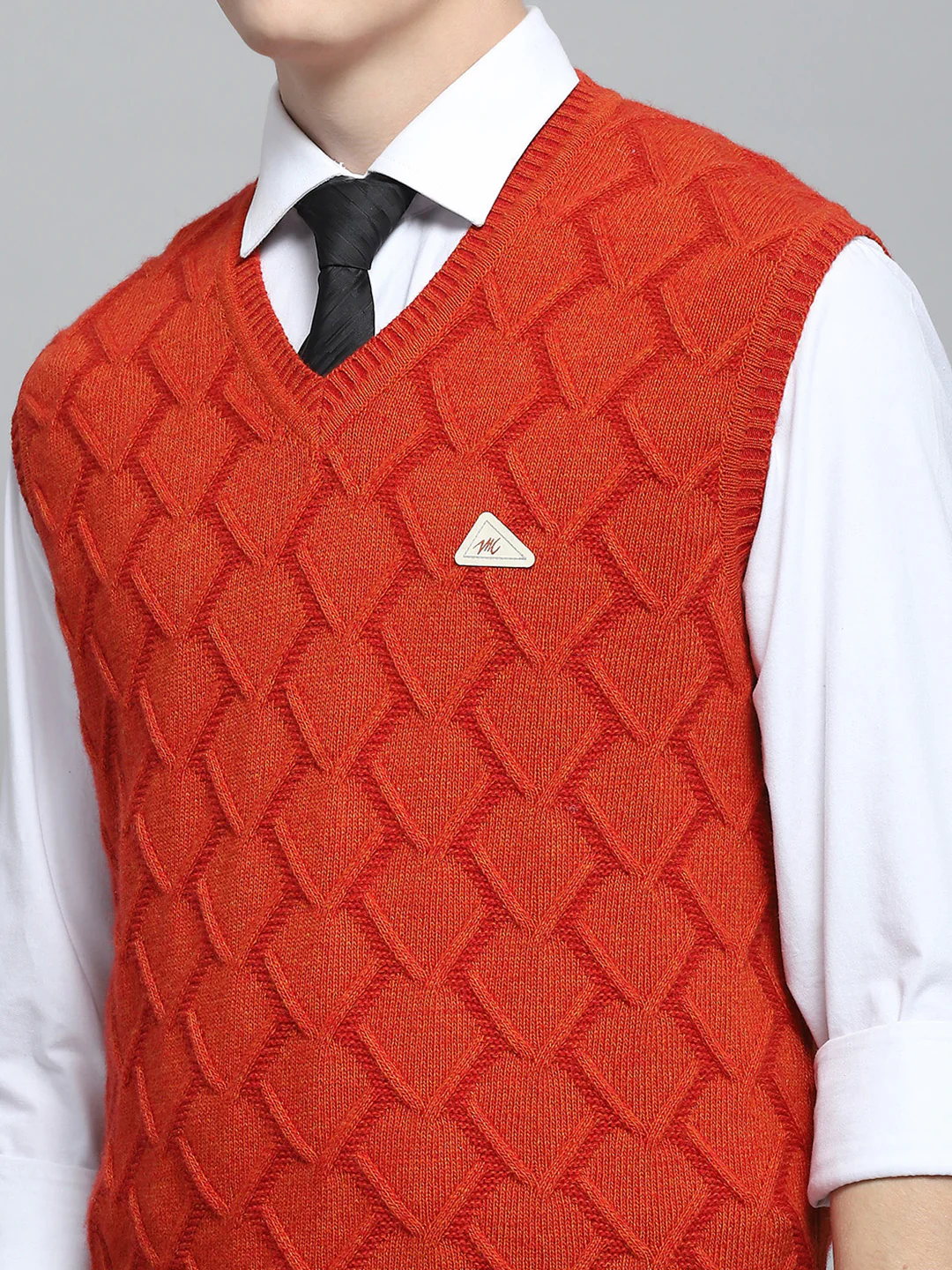 Men Rust Self Design V Neck Sleeveless Sweater - Image 7