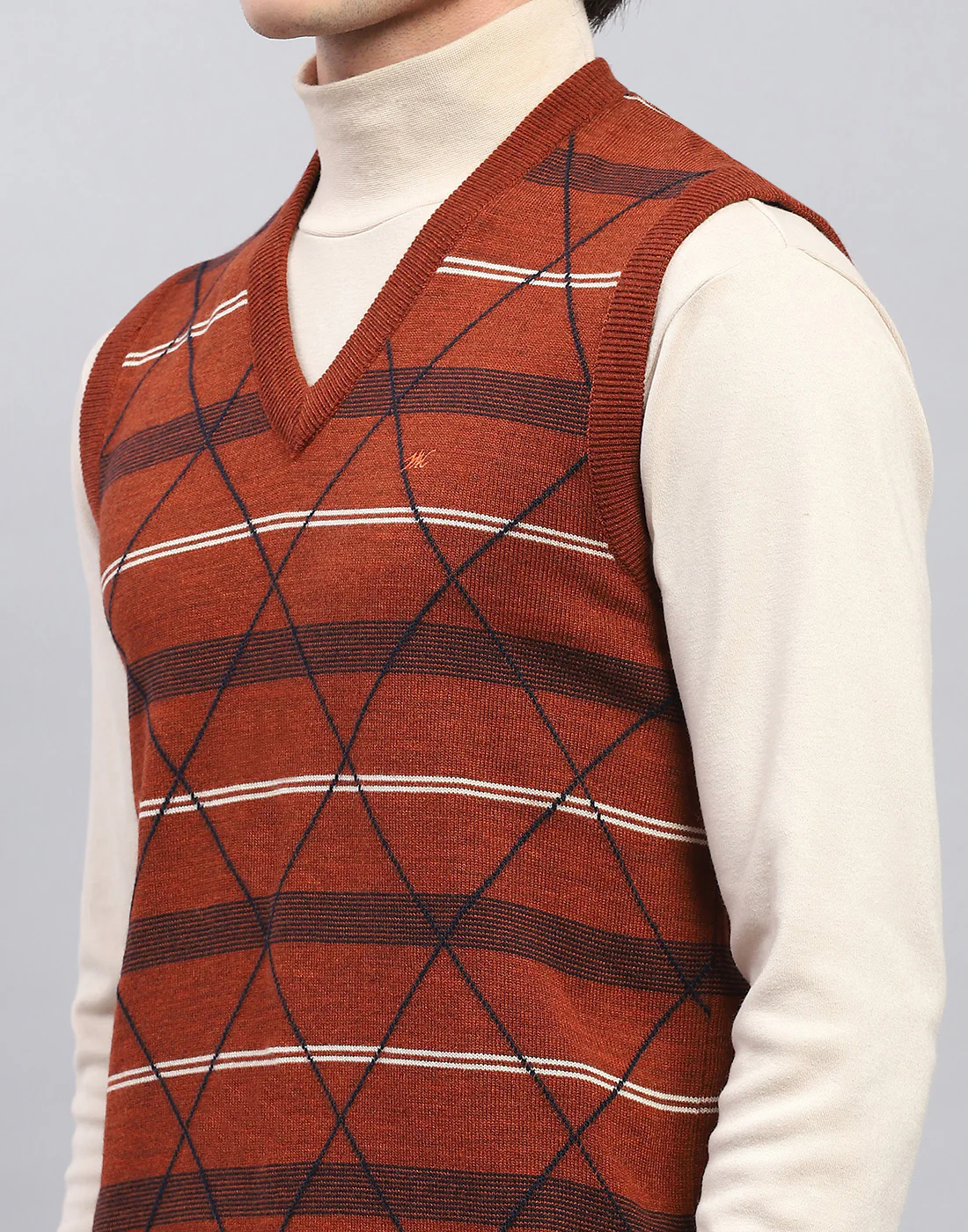 Men Rust Self Design V Neck Sleeveless Sweater - Image 6
