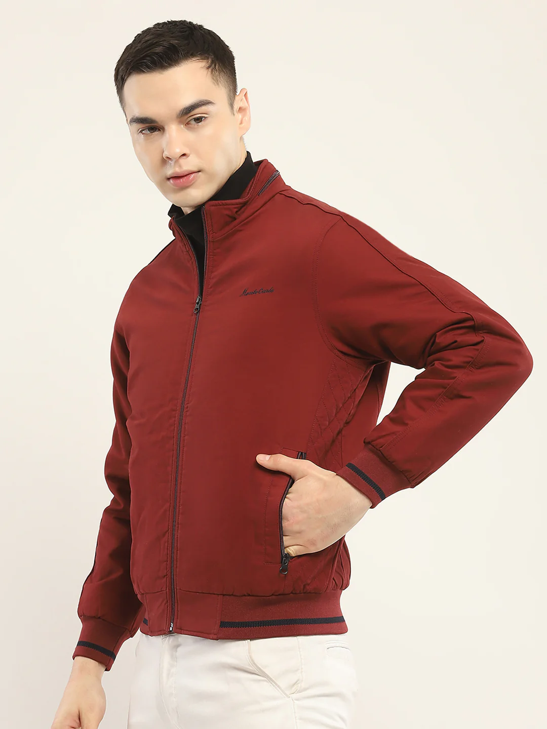 Men Rust Solid Mock Neck Full Sleeve Jacket - Image 3