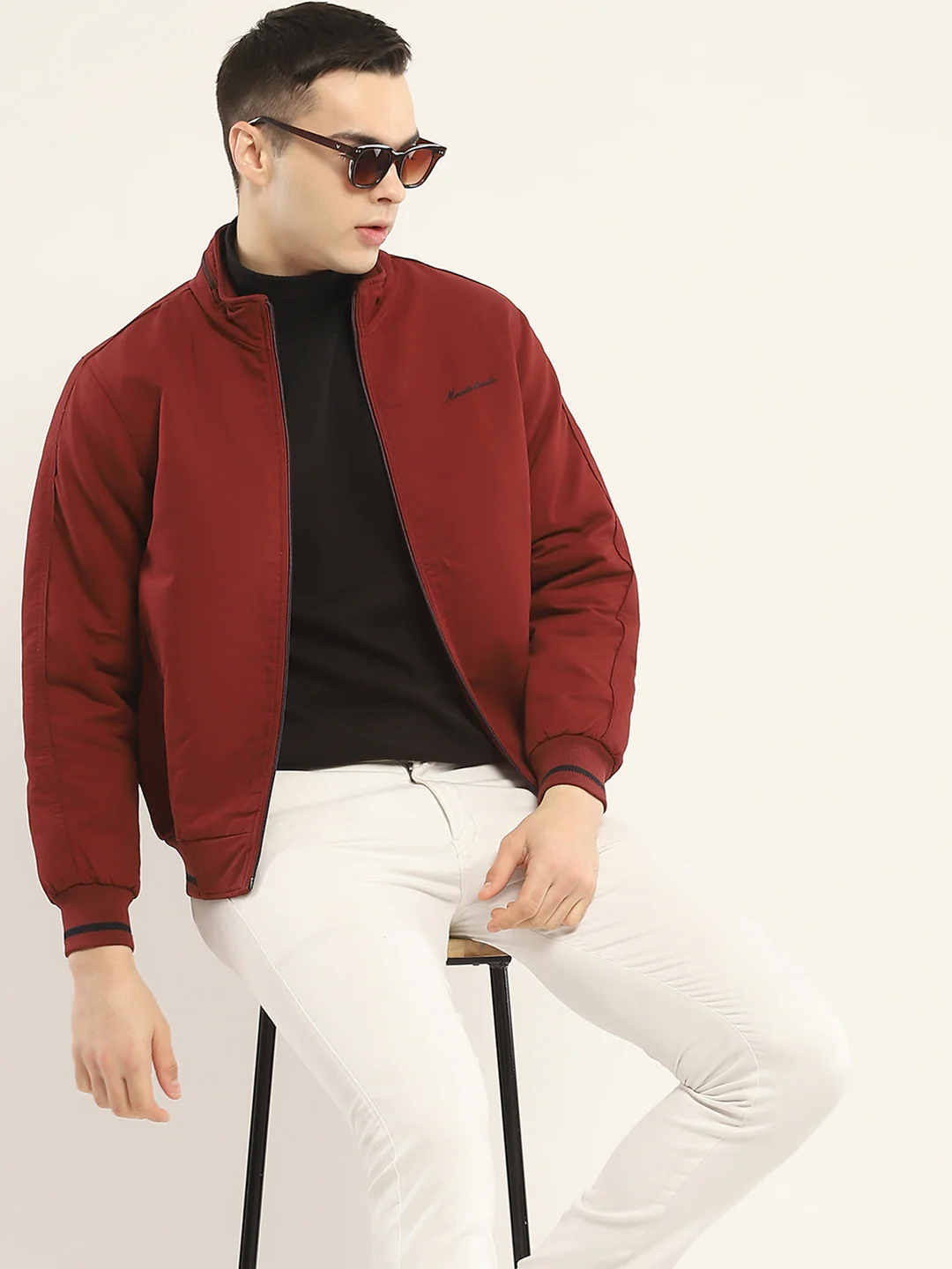 Men Rust Solid Mock Neck Full Sleeve Jacket - Image 6