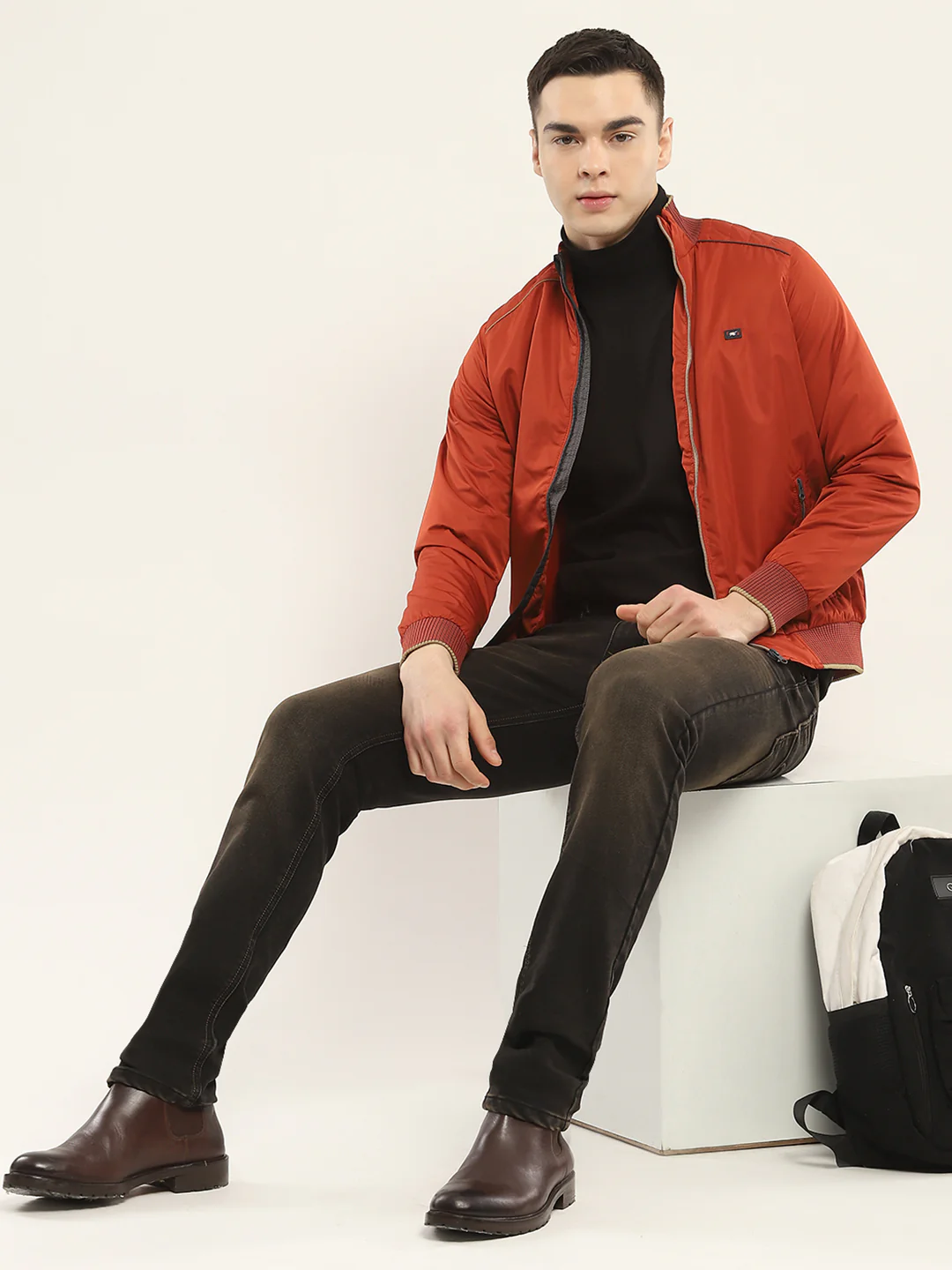 Men Rust Solid Mock Neck Full Sleeve Jacket - Image 2