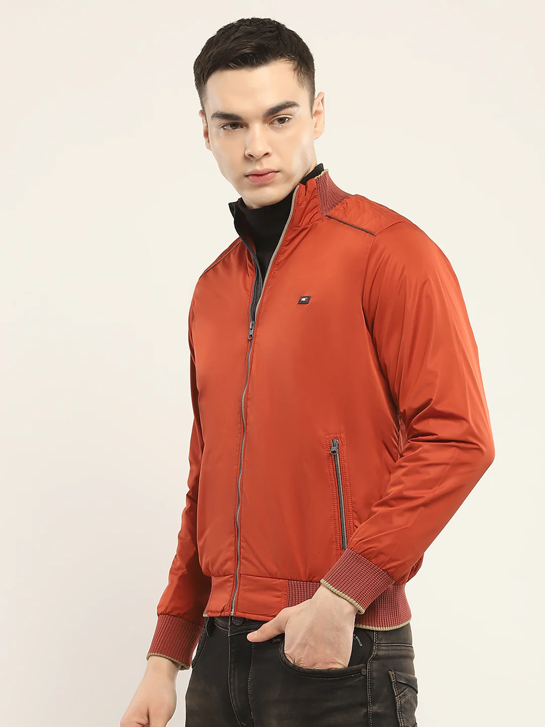 Men Rust Solid Mock Neck Full Sleeve Jacket - Image 3