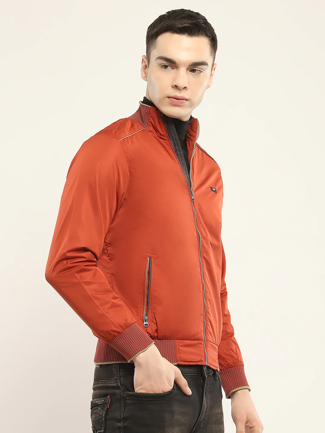 Men Rust Solid Mock Neck Full Sleeve Jacket - Image 4
