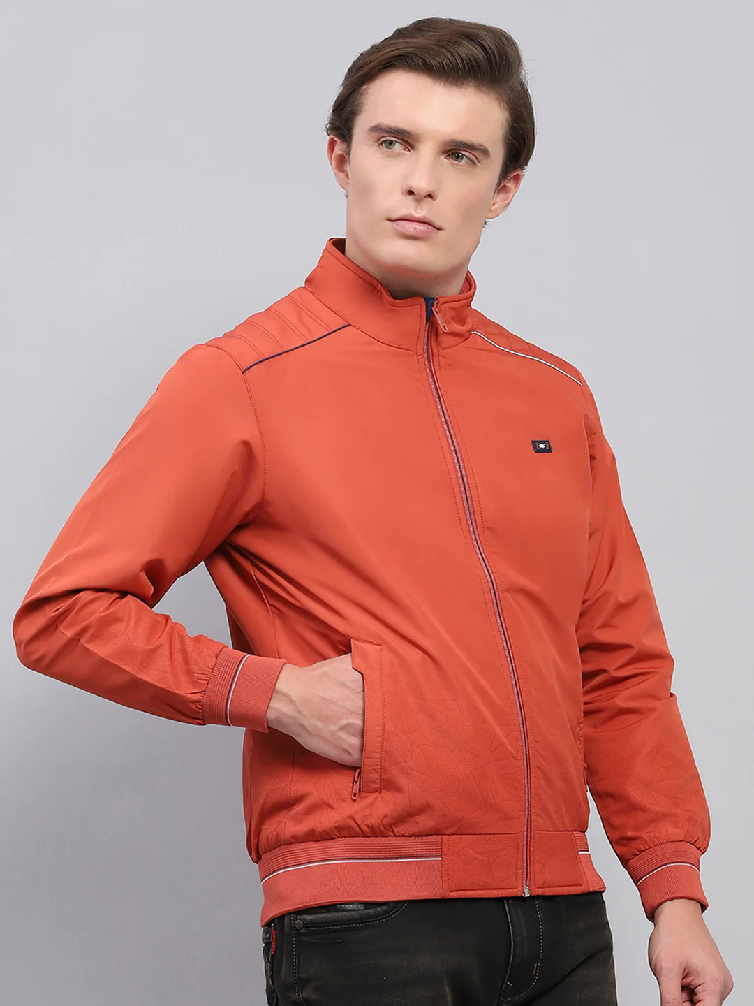 Men Rust Solid Mock Neck Full Sleeve Jacket - Image 4