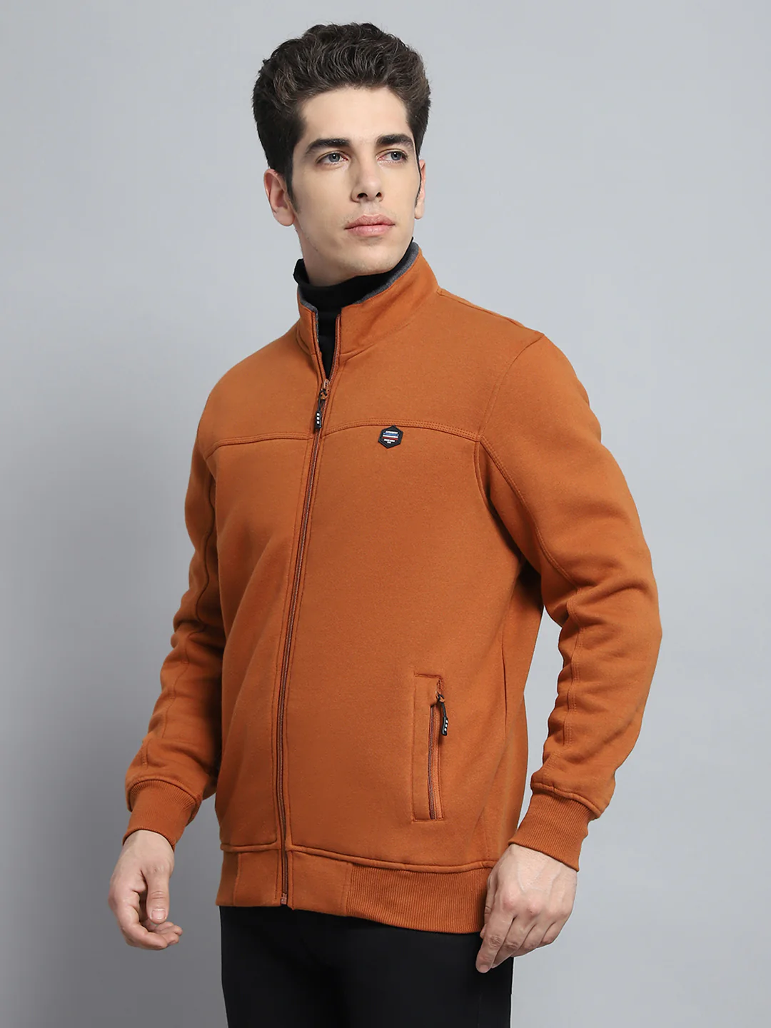 Men Rust Solid Mock Neck Full Sleeve Sweatshirt - Image 3