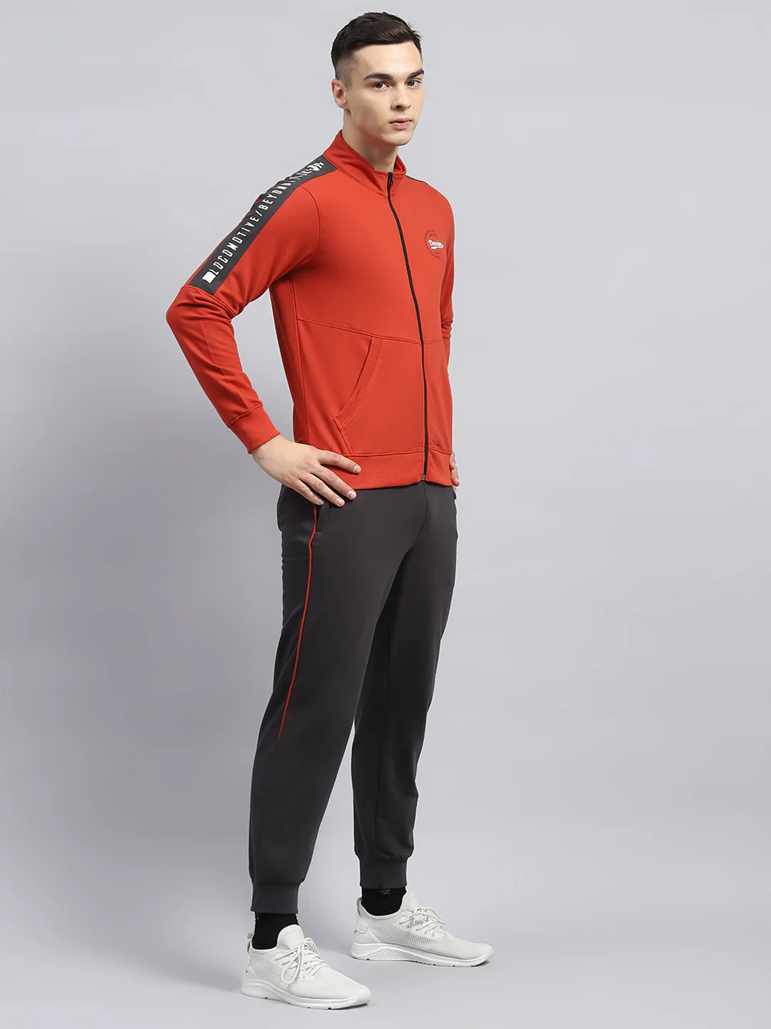Men Rust Solid Mock Neck Full Sleeve Winter Tracksuit - Image 4