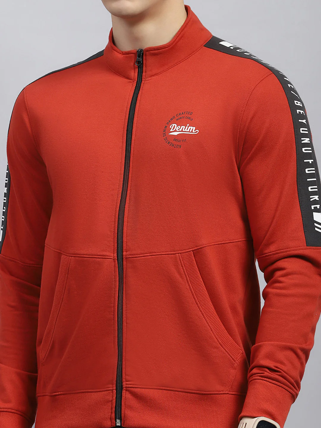 Men Rust Solid Mock Neck Full Sleeve Winter Tracksuit - Image 6