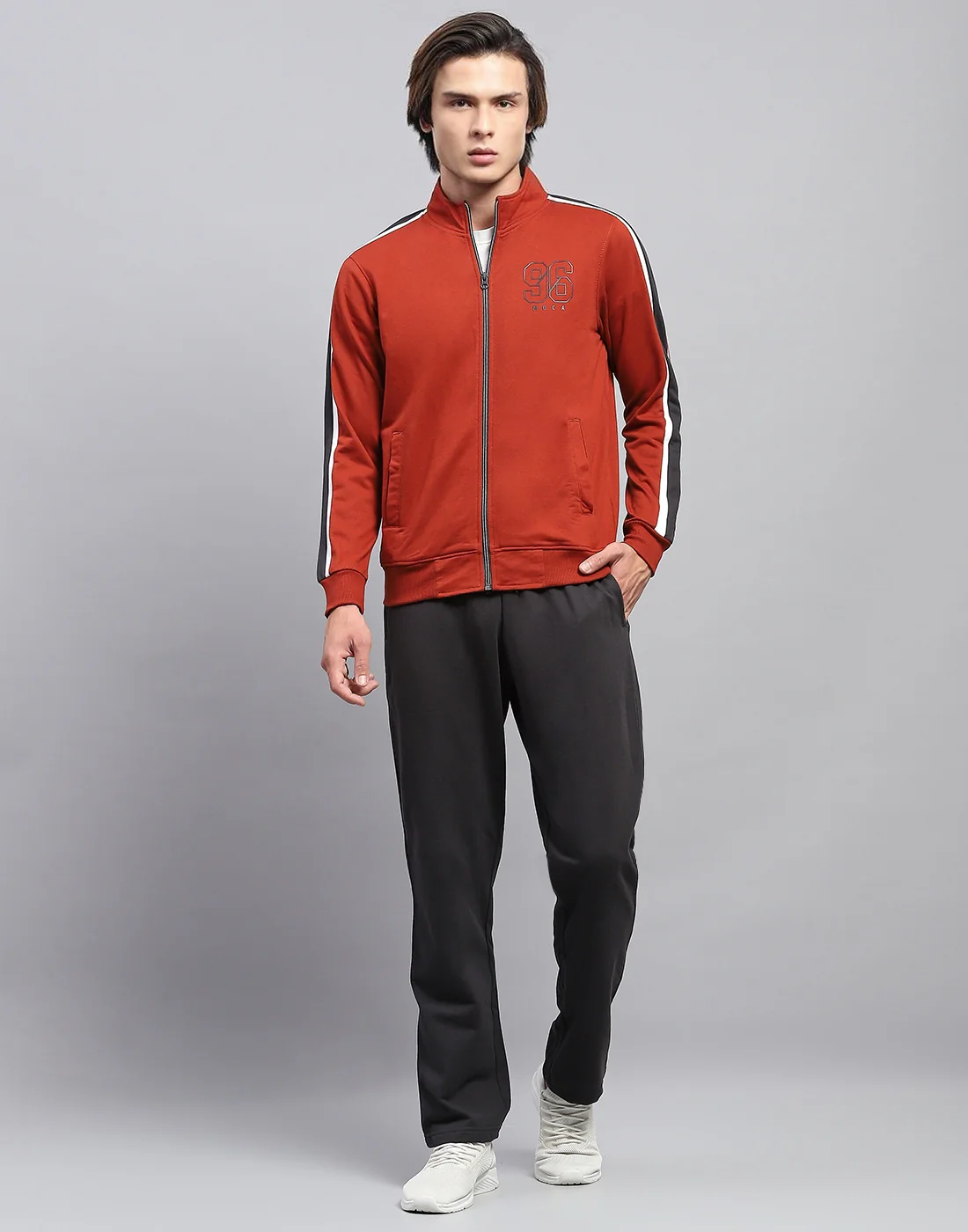 Men Rust Solid Mock Neck Full Sleeve Winter Tracksuit - Image 2