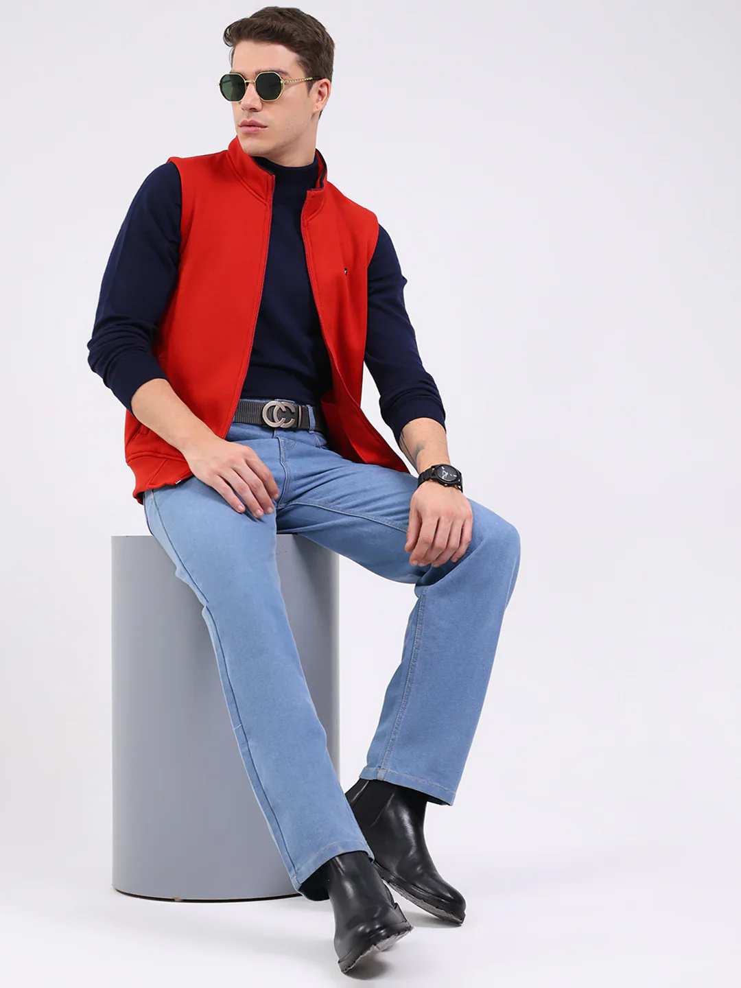 Men Rust Solid Mock Neck Sleeveless Sweatshirt - Image 2