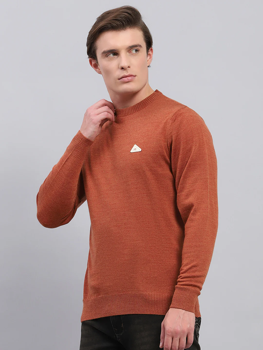 Men Rust Solid Round Neck Full Sleeve Pullover - Image 3