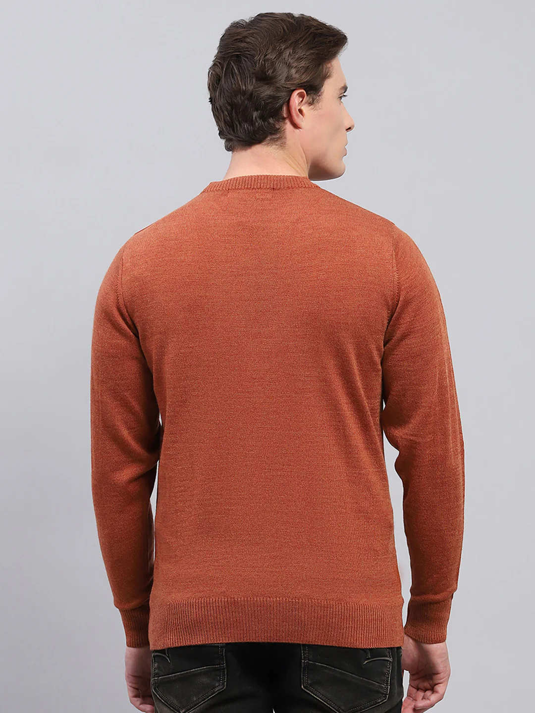 Men Rust Solid Round Neck Full Sleeve Pullover - Image 5