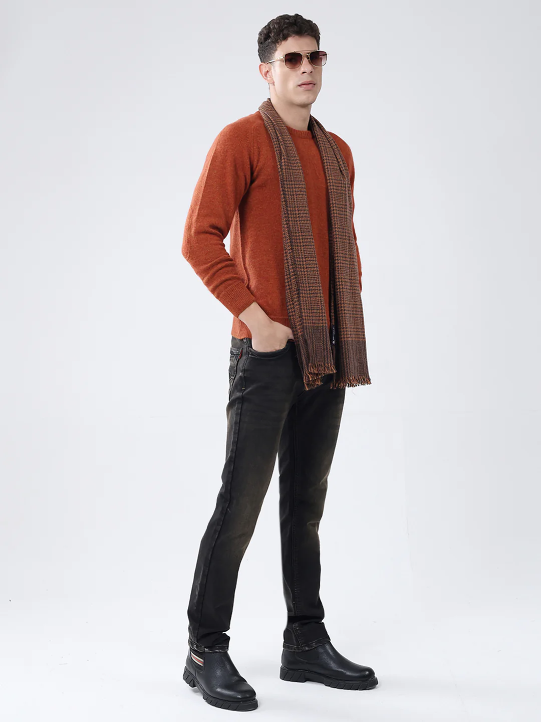 Men Rust Solid Round Neck Full Sleeve Pullover - Image 2