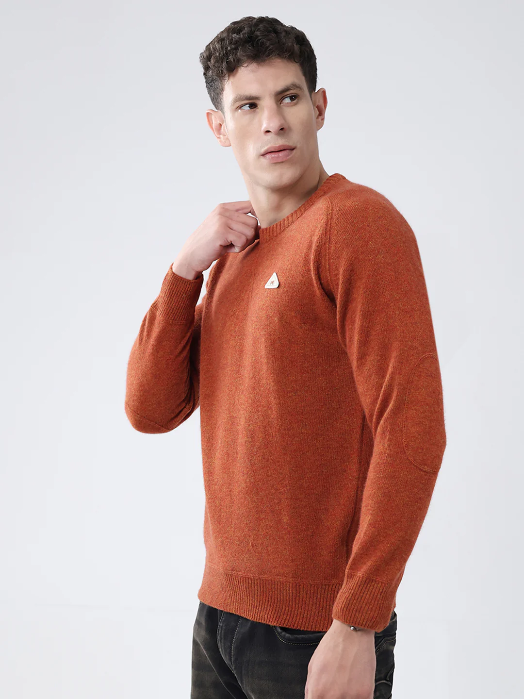 Men Rust Solid Round Neck Full Sleeve Pullover - Image 3
