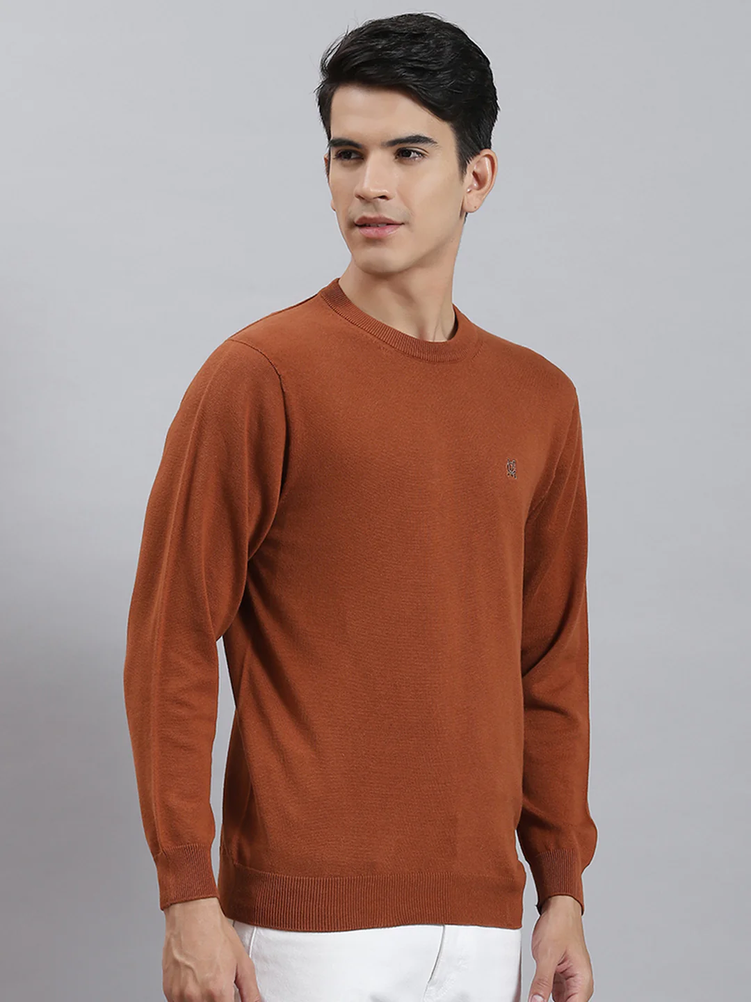 Men Rust Solid Round Neck Full Sleeve Sweaters/Pullovers - Image 4