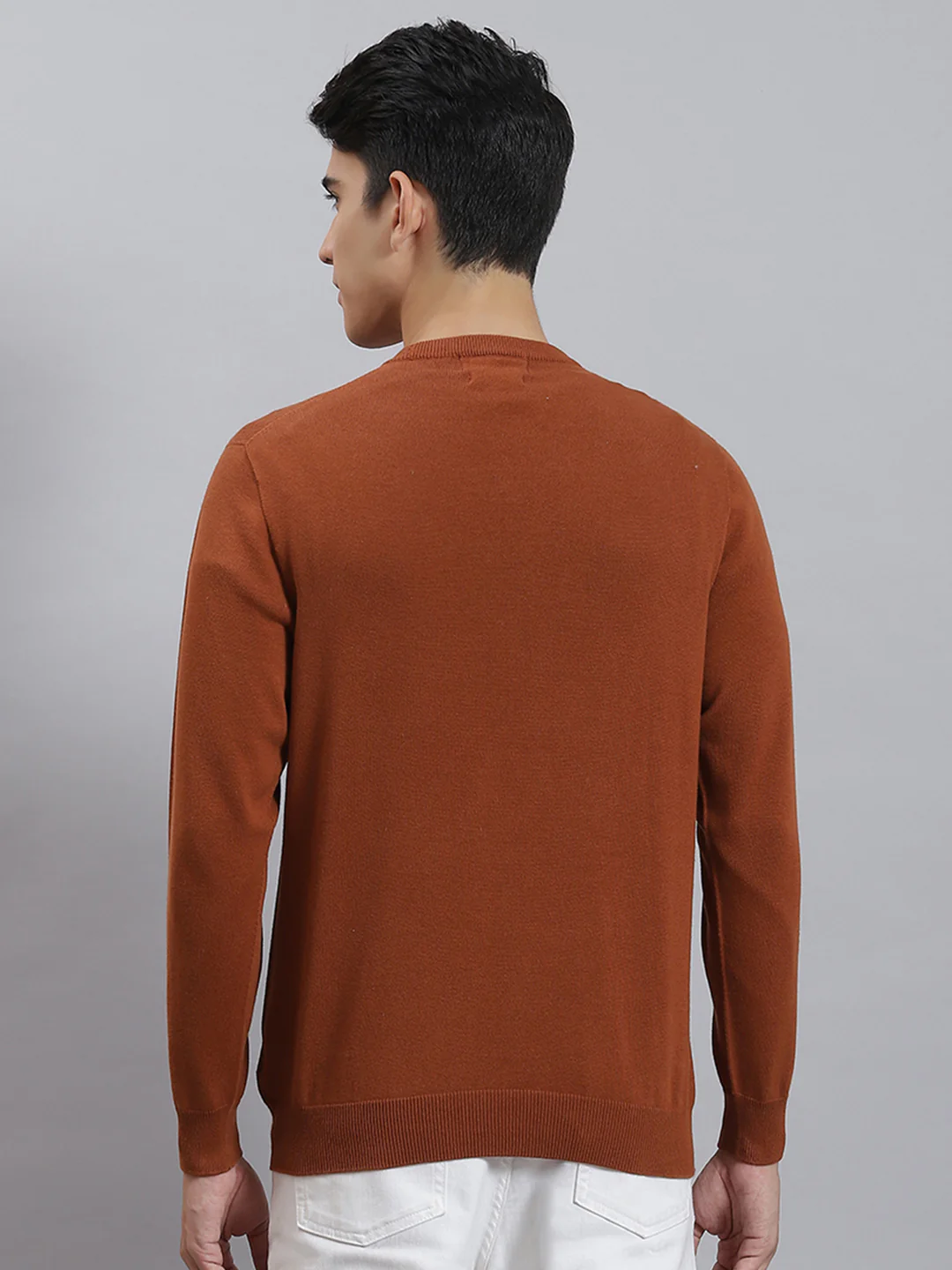 Men Rust Solid Round Neck Full Sleeve Sweaters/Pullovers - Image 5