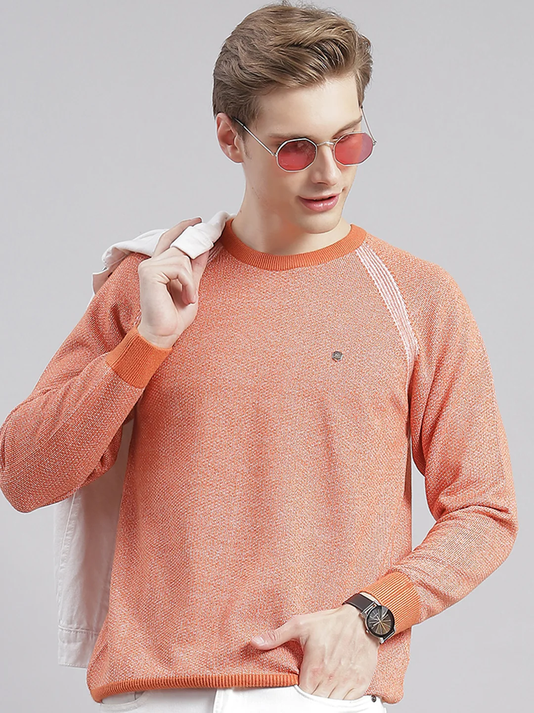 Men Rust Solid Round Neck Full Sleeve Sweaters/Pullovers - Image 2