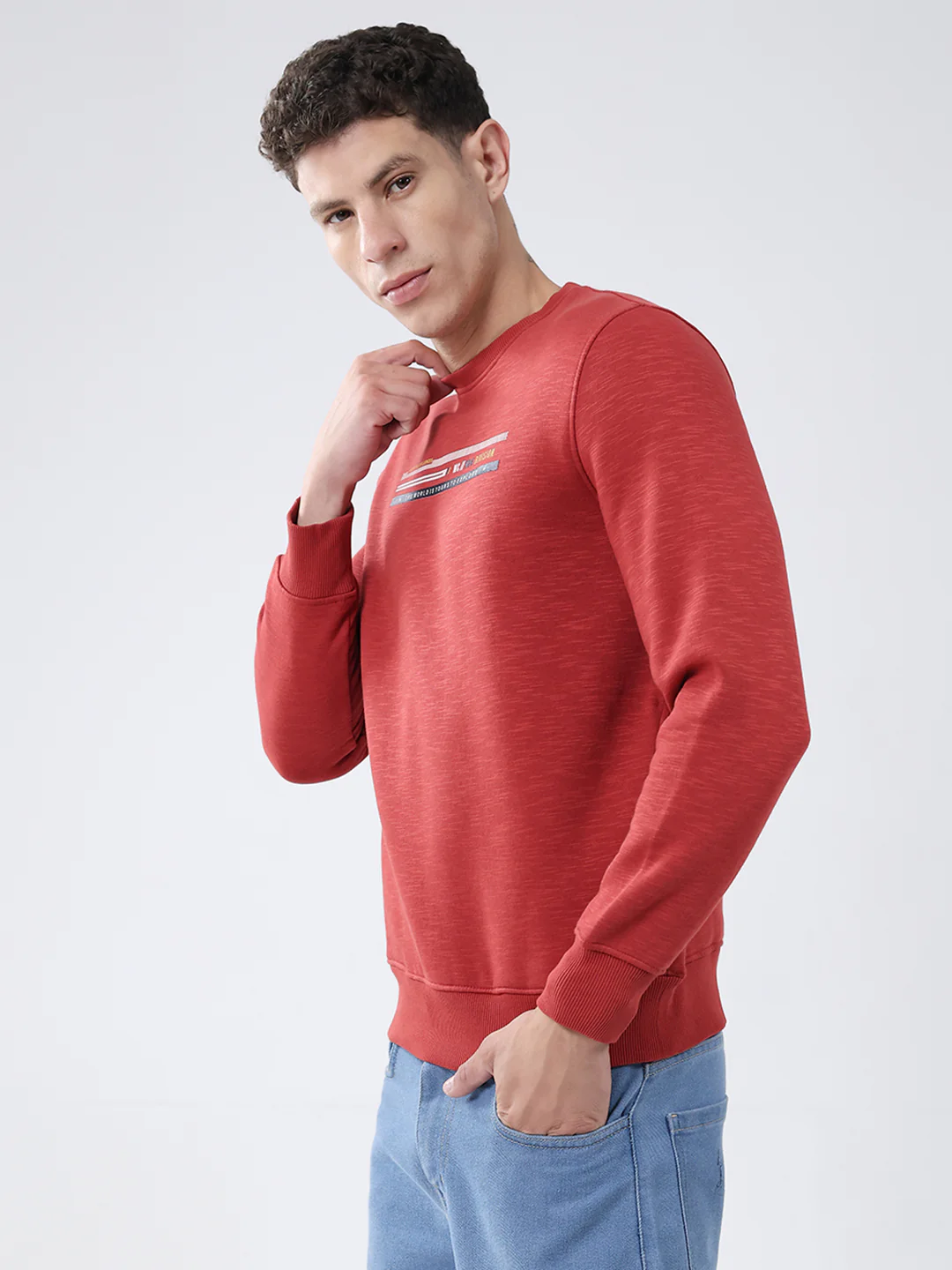 Men Rust Solid Round Neck Full Sleeve Sweatshirt - Image 3