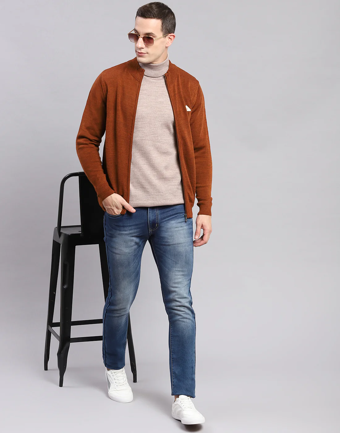 Men Rust Solid Stand Collar Full Sleeve Pullover - Image 2