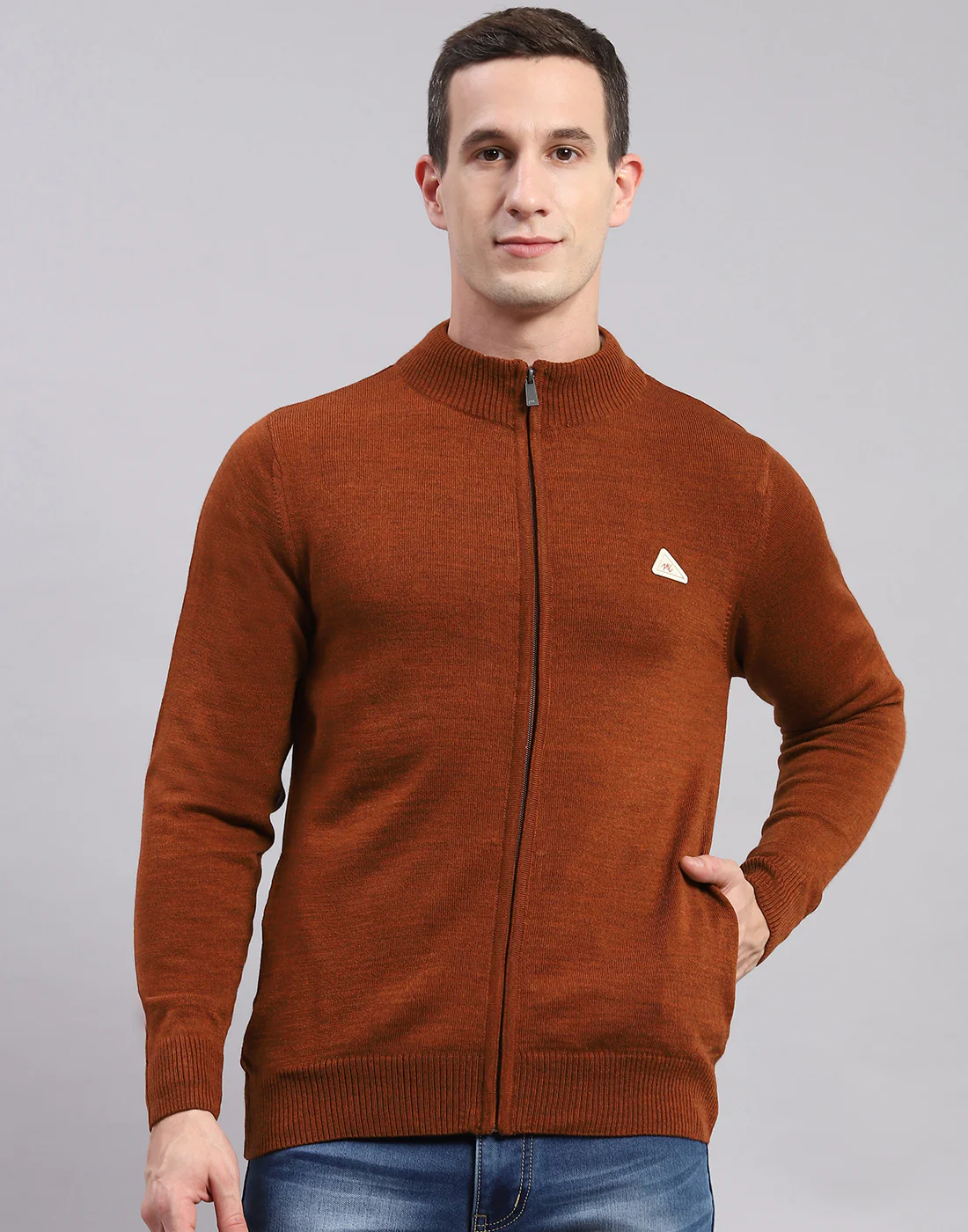 Men Rust Solid Stand Collar Full Sleeve Sweaters/Pullovers - Image 2
