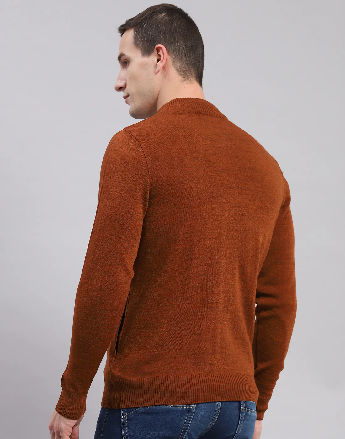 Men Rust Solid Stand Collar Full Sleeve Sweaters/Pullovers - Image 5
