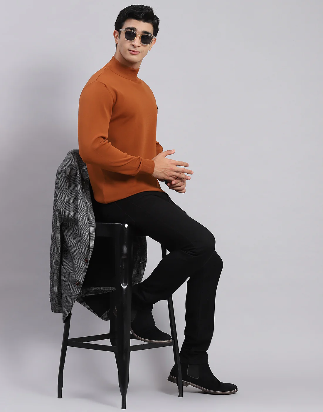 Men Rust Solid T Neck Full Sleeve Sweaters/Pullovers - Image 2