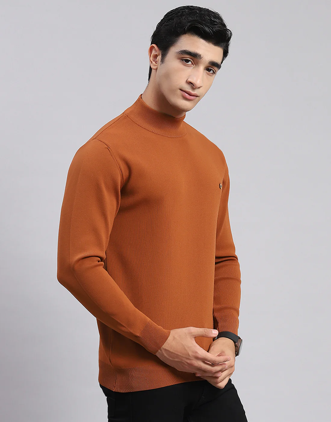 Men Rust Solid T Neck Full Sleeve Sweaters/Pullovers - Image 5