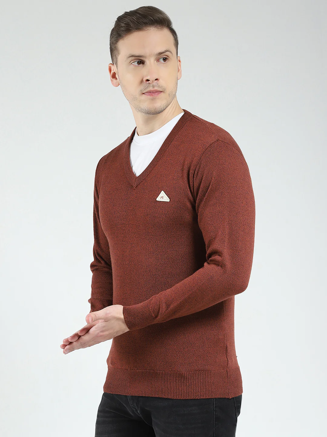 Men Rust Solid V Neck Full Sleeve Pullover - Image 3