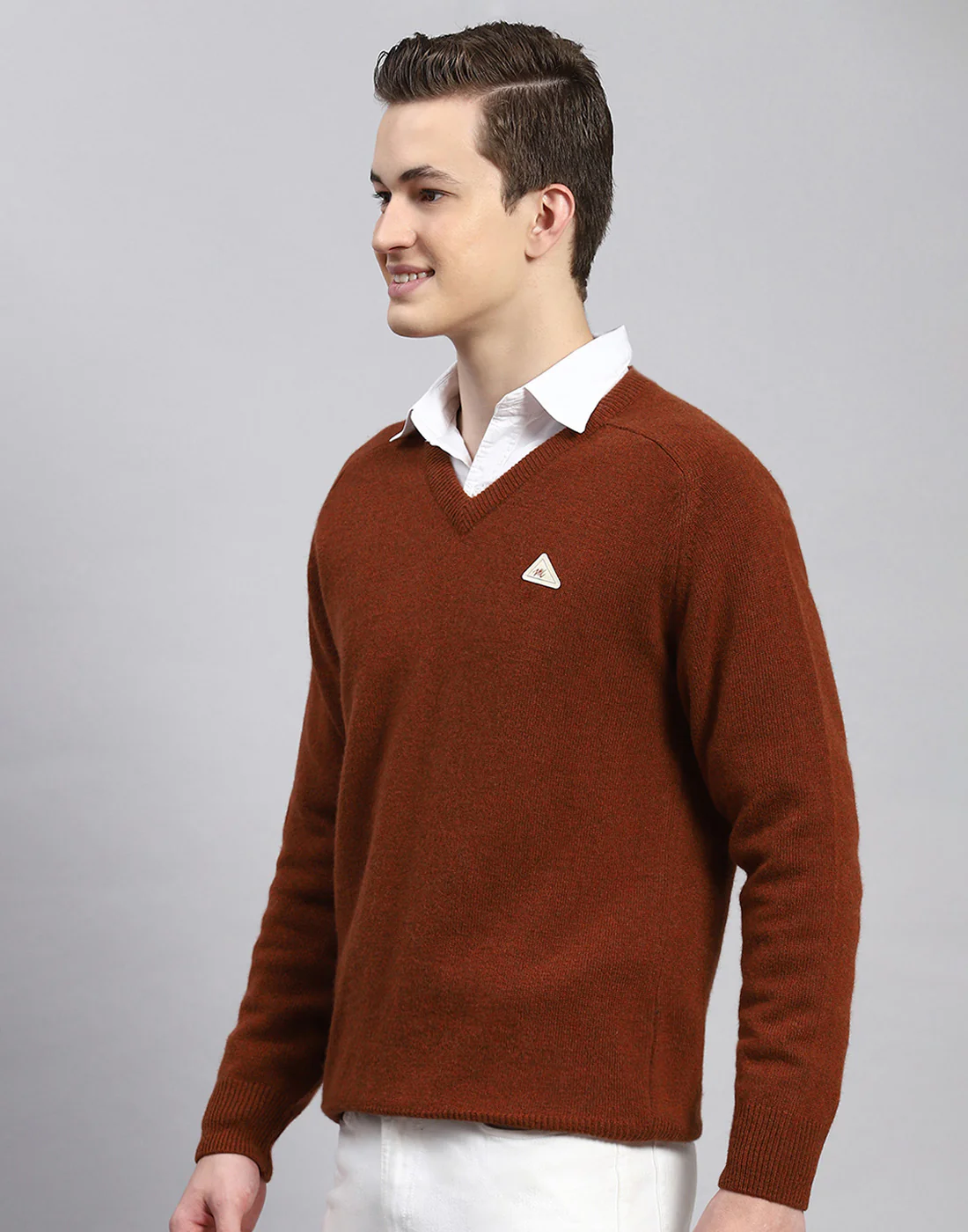 Men Rust Solid V Neck Full Sleeve Pullover - Image 3