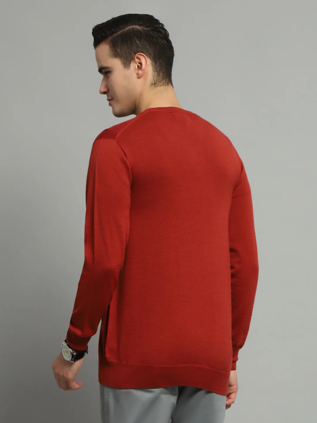 Luxuria Men Rust Solid V Neck Full Sleeve Pullover - Image 5