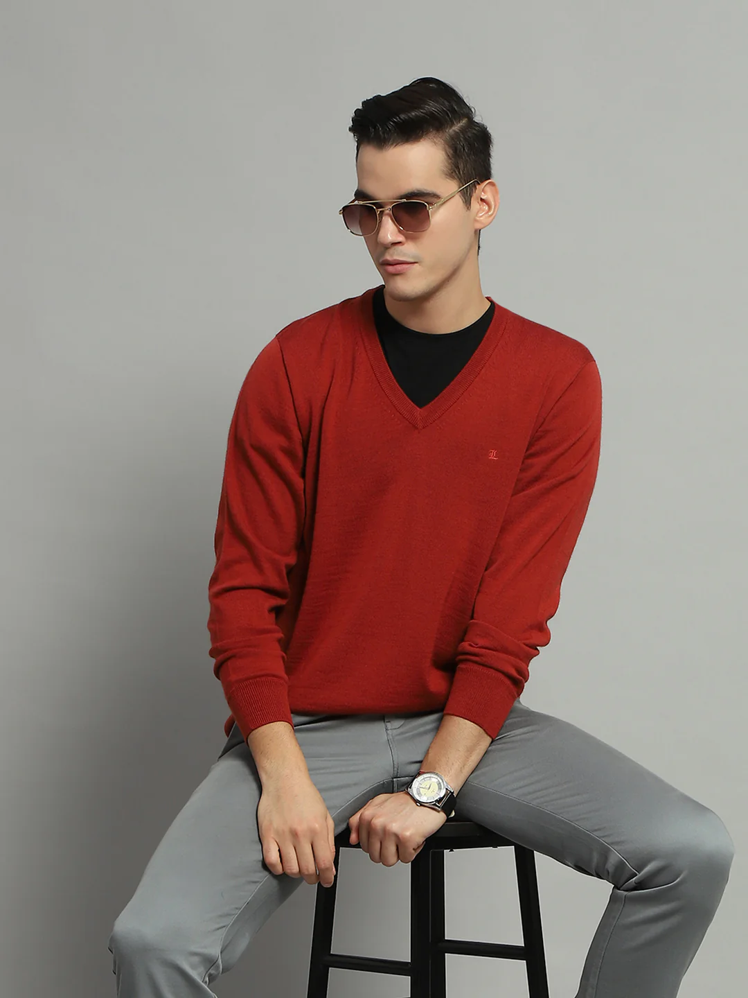 Luxuria Men Rust Solid V Neck Full Sleeve Pullover - Image 6