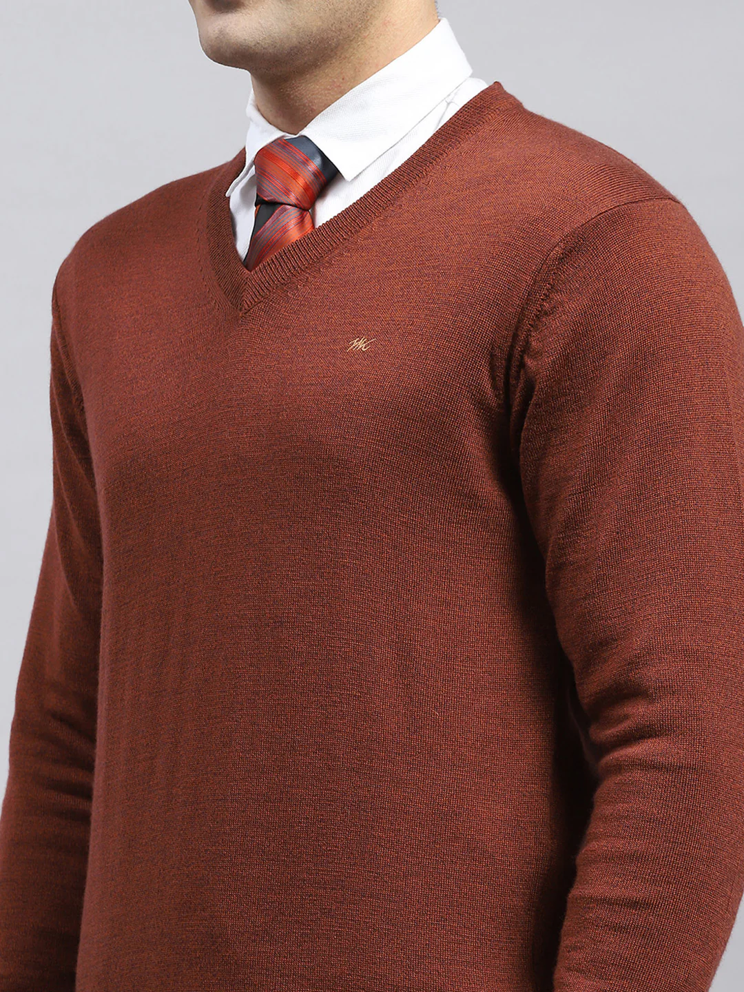 Men Rust Solid V Neck Full Sleeve Pullover - Image 6