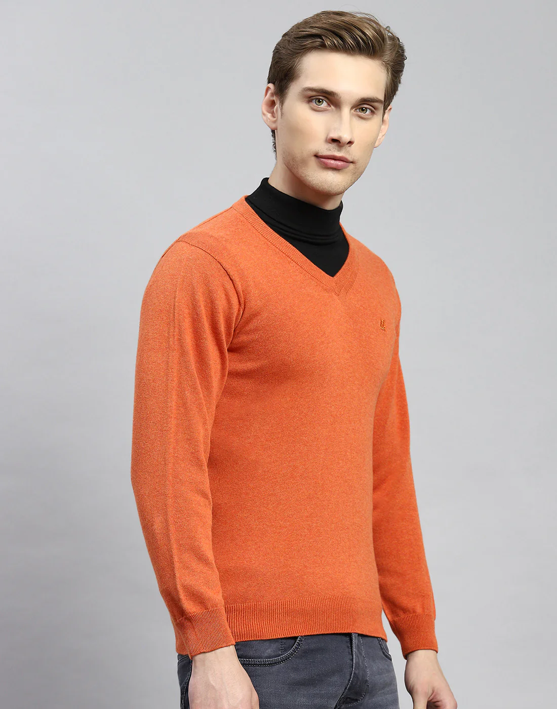 Men Rust Solid V Neck Full Sleeve Pullover - Image 4