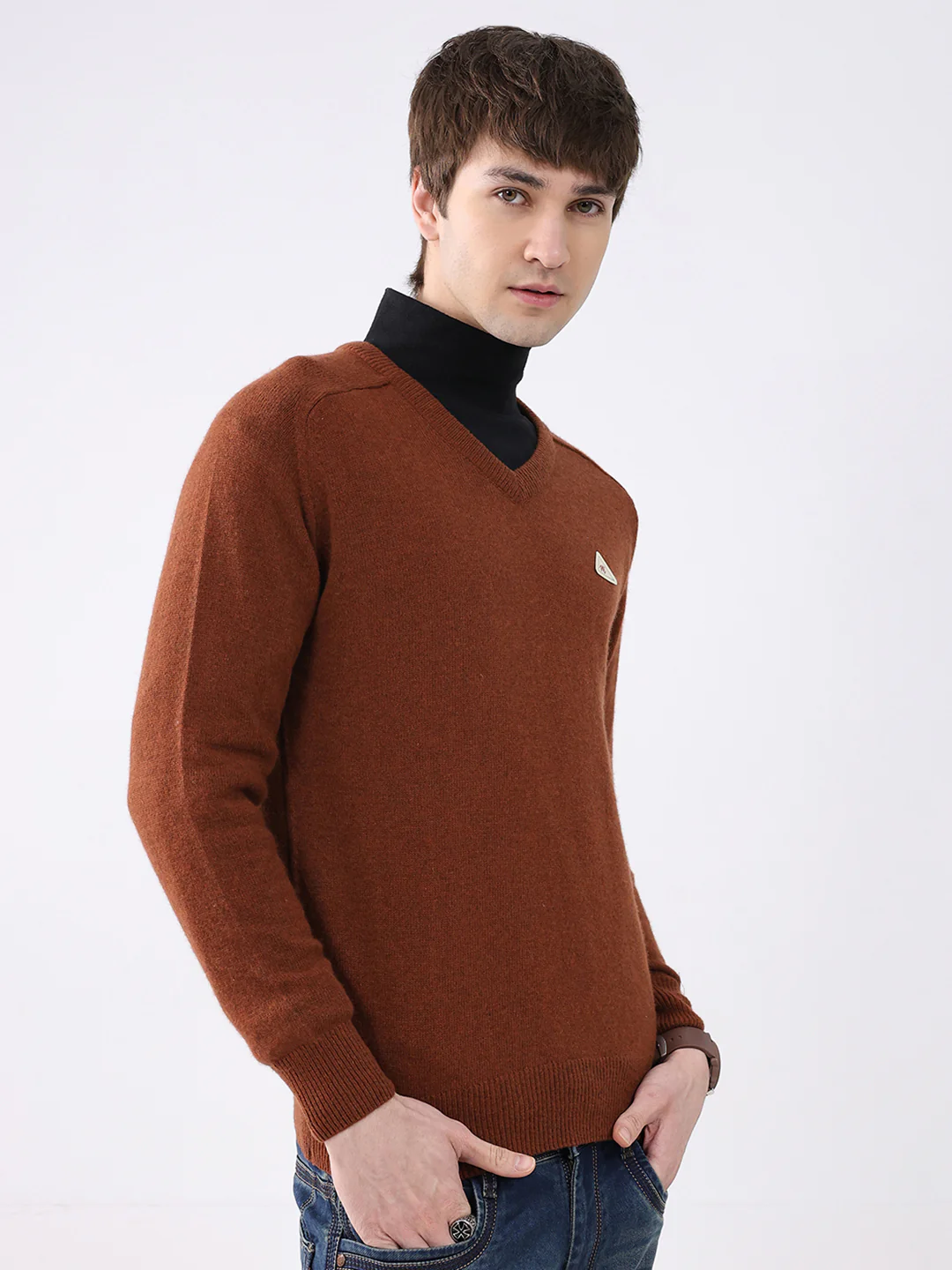 Men Rust Solid V Neck Full Sleeve Pullover - Image 4