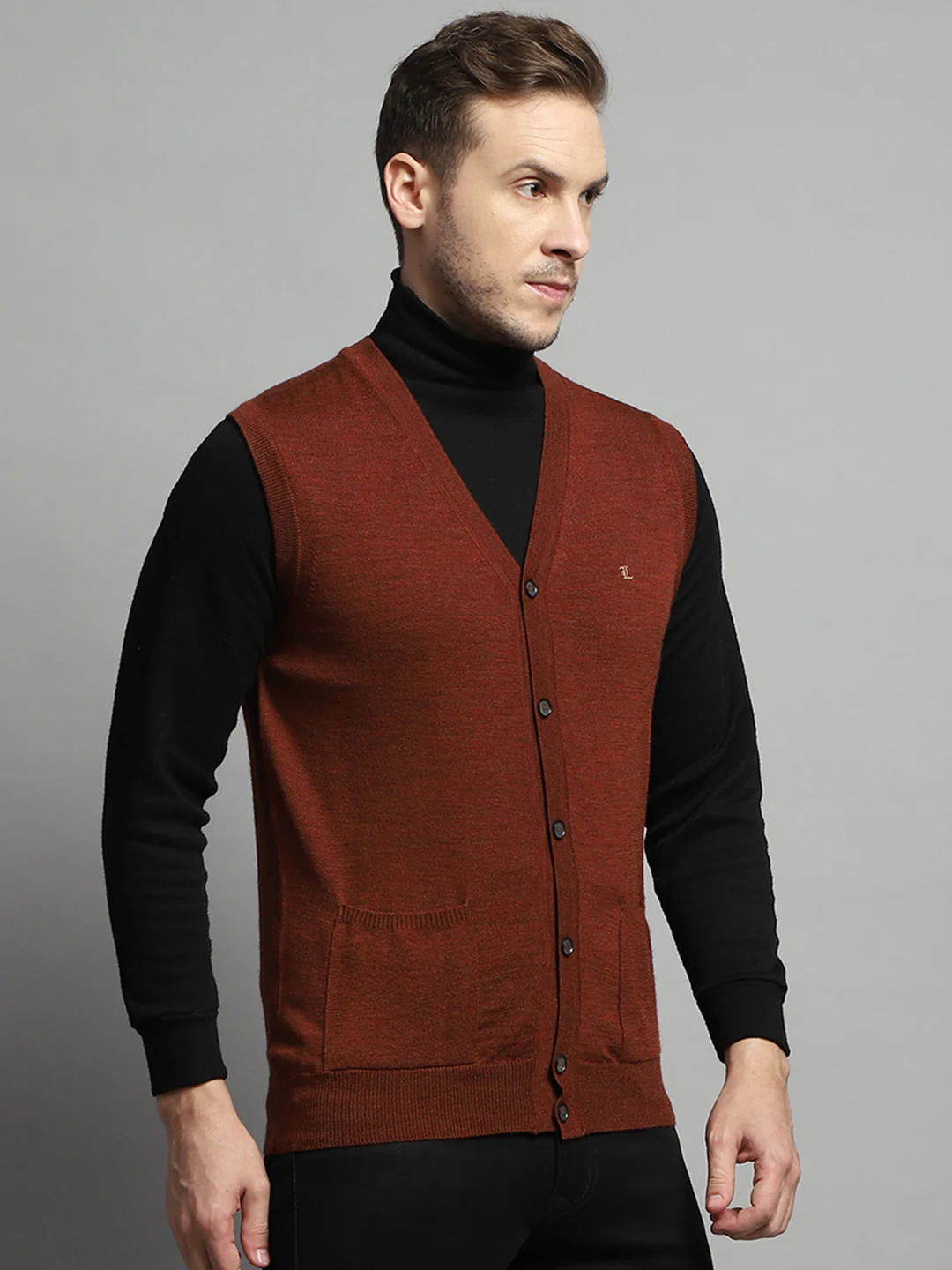 Luxuria Men Rust Solid V Neck Sleeveless Cardigan - Image 4