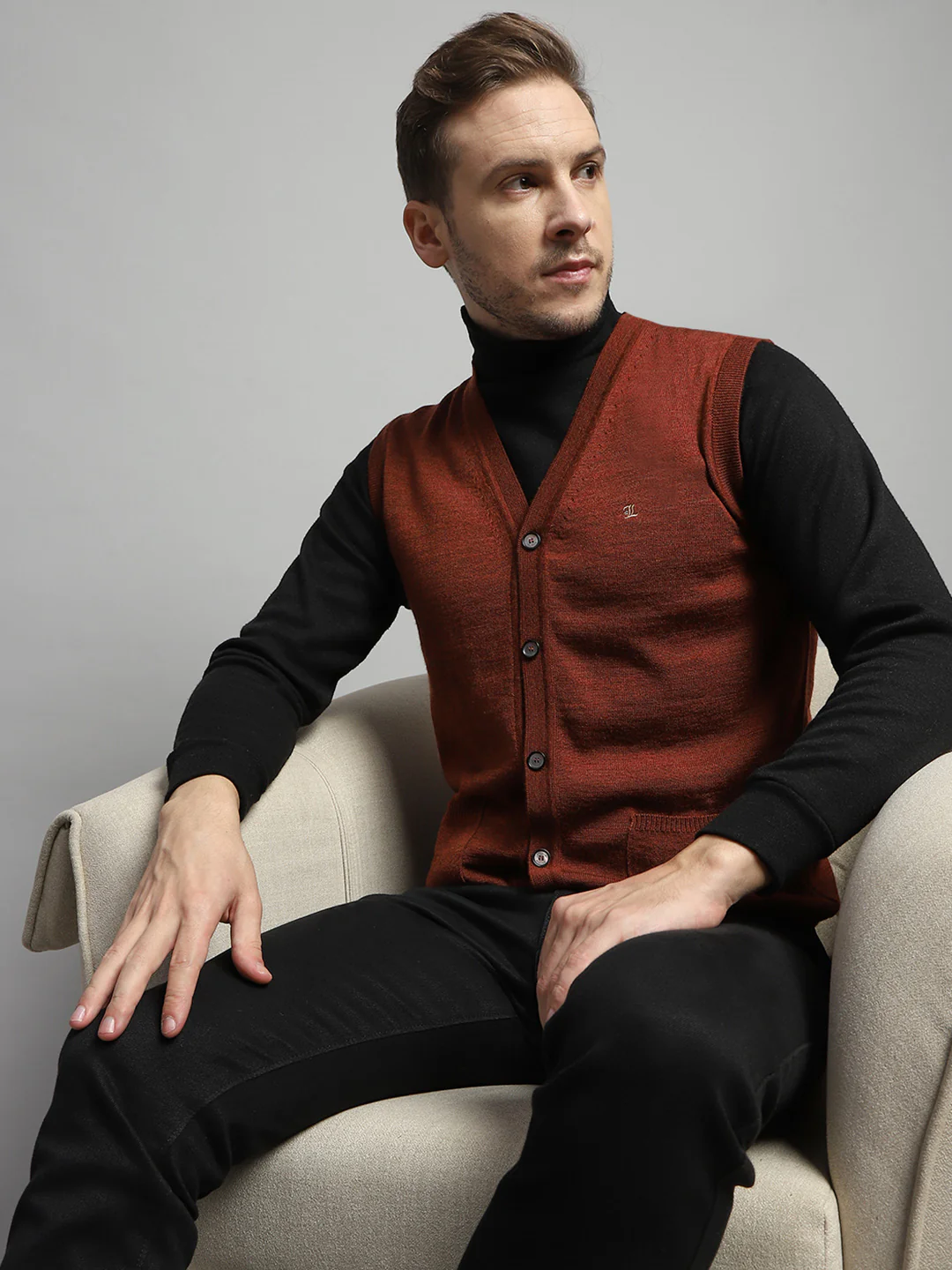 Luxuria Men Rust Solid V Neck Sleeveless Cardigan - Image 6