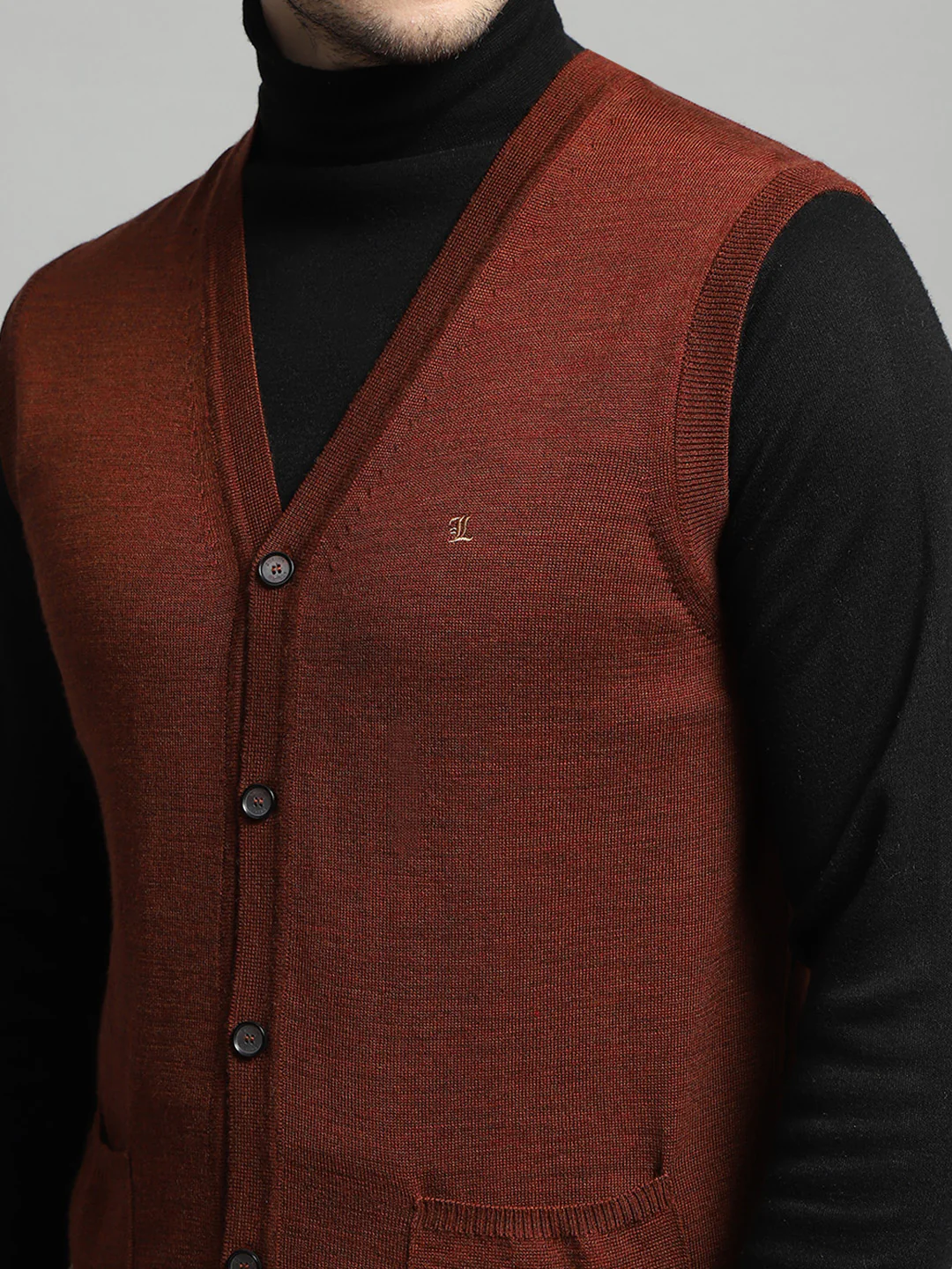 Luxuria Men Rust Solid V Neck Sleeveless Cardigan - Image 7