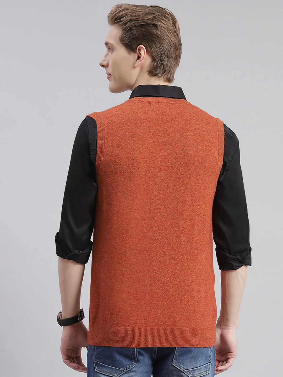 Men Rust Solid V Neck Sleeveless Sweaters/Pullovers - Image 5