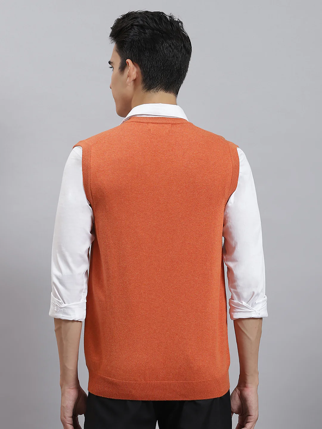 Men Rust Solid V Neck Sleeveless Sweaters/Pullovers - Image 5