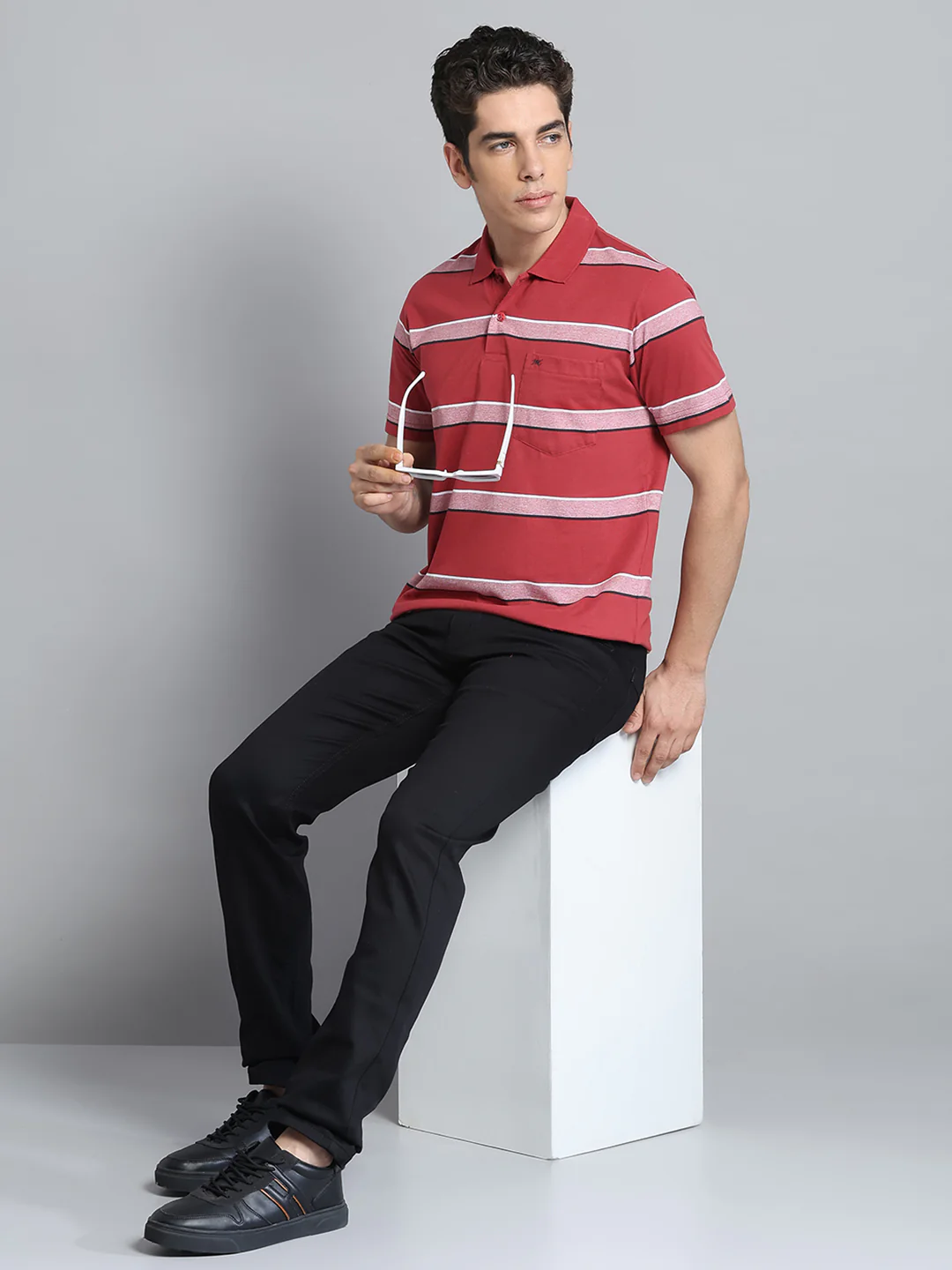 Men Rust Stripe Collar Half Sleeve T-Shirt - Image 2