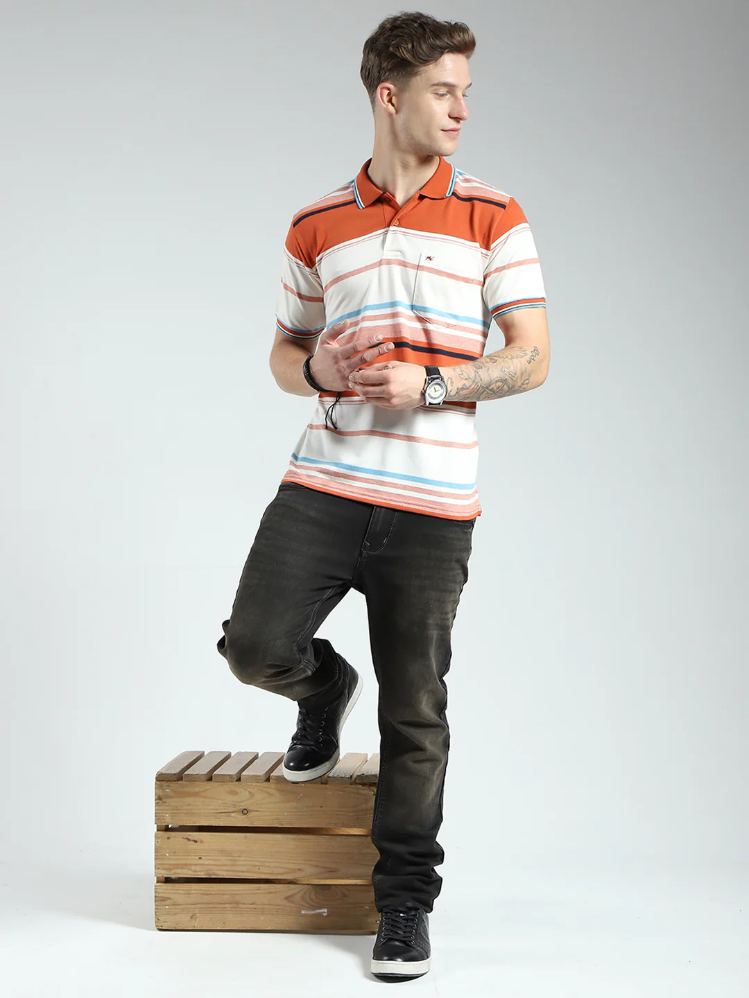 Men Rust Stripe Collar Half Sleeve T-Shirt - Image 2