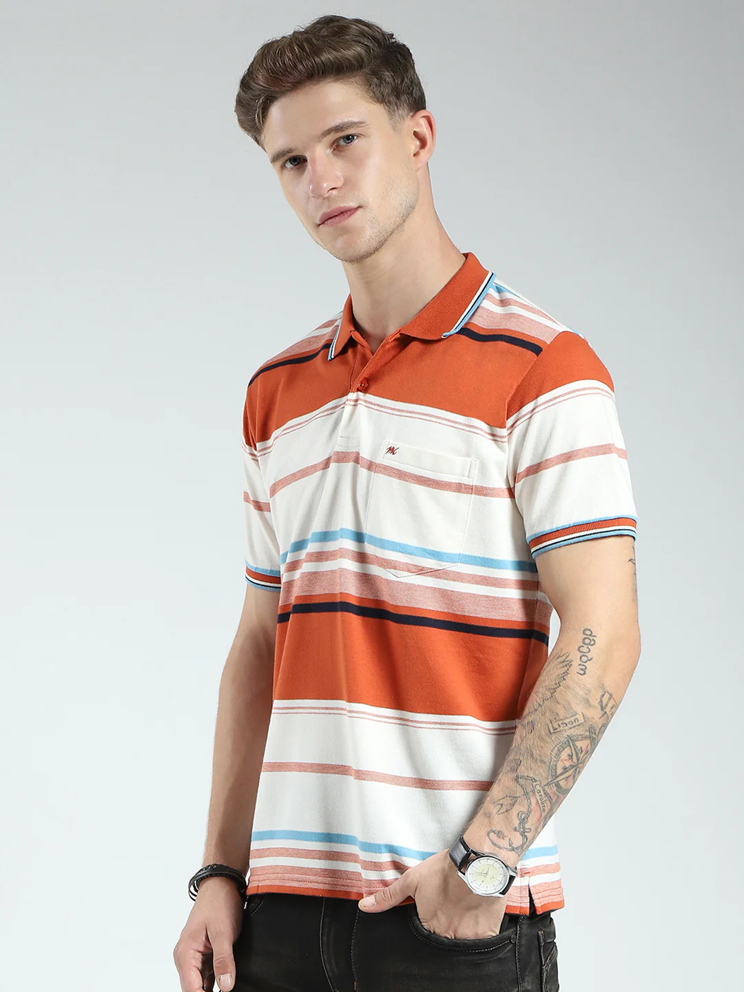 Men Rust Stripe Collar Half Sleeve T-Shirt - Image 3