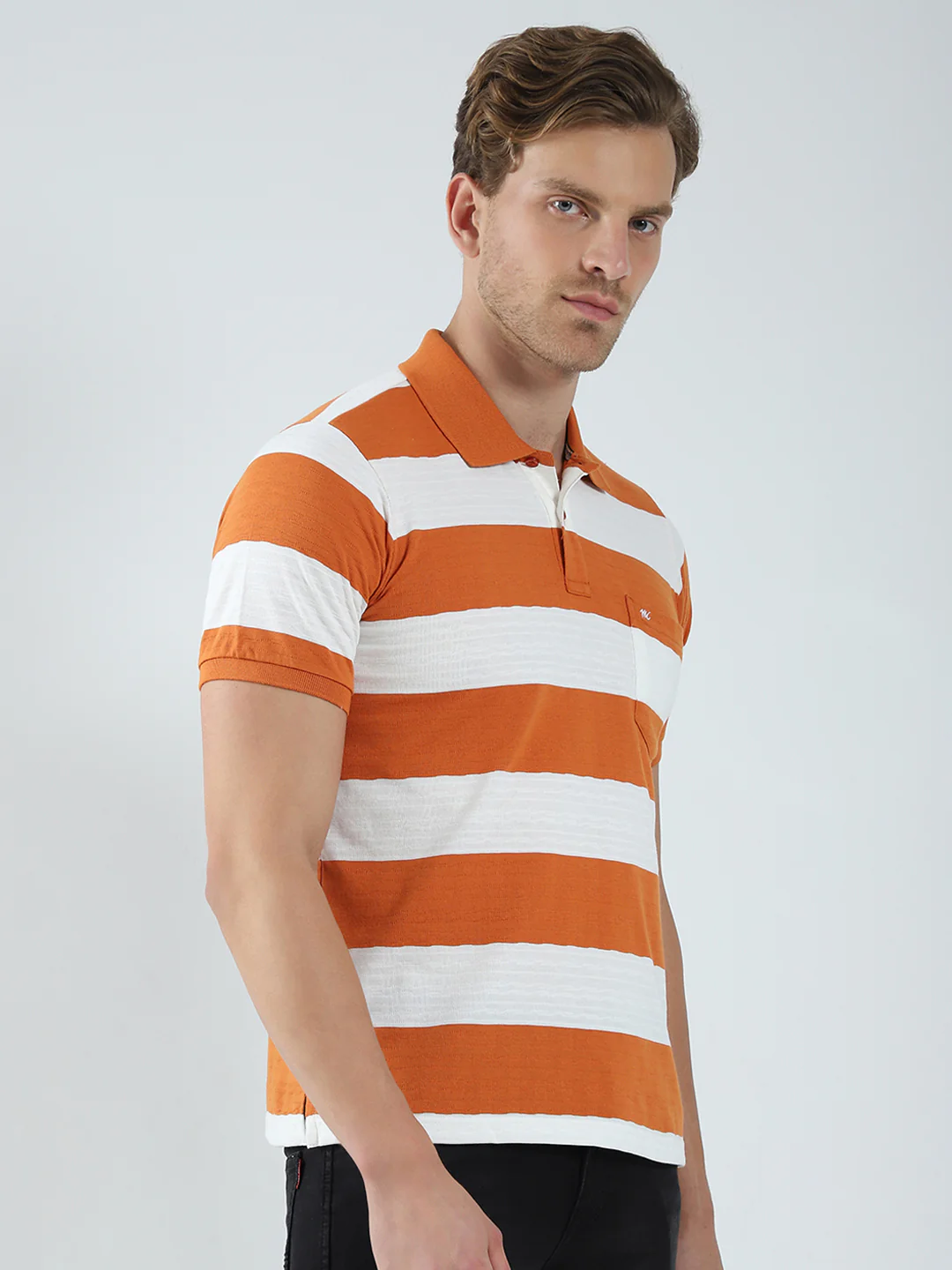 Men Rust Stripe Collar Half Sleeve T-Shirt - Image 4