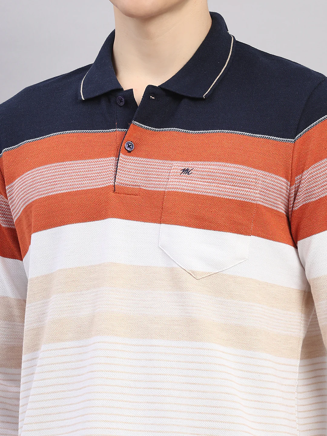 Men Rust Stripe Polo Collar Full Sleeve Winter T-Shirt - Image 6