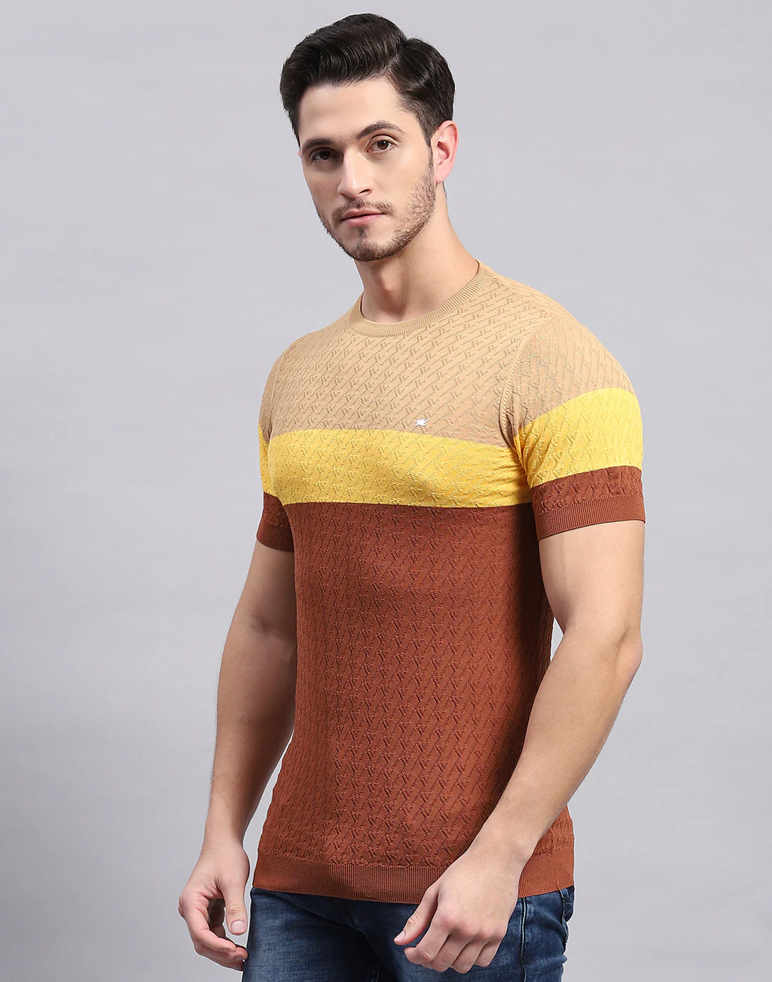 Men Rust Stripe Round Neck Half Sleeve T-Shirt - Image 3