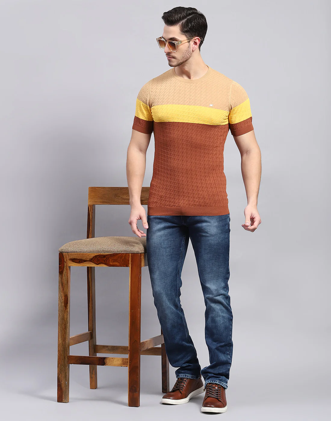 Men Rust Stripe Round Neck Half Sleeve T-Shirt - Image 5