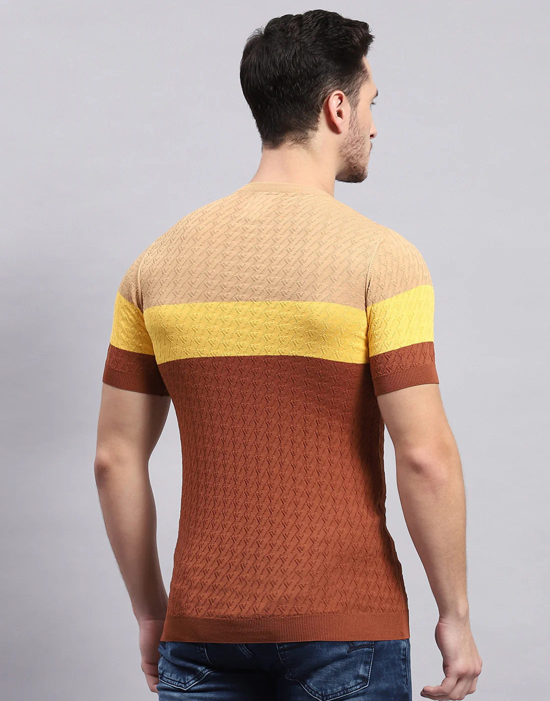 Men Rust Stripe Round Neck Half Sleeve T-Shirt - Image 6