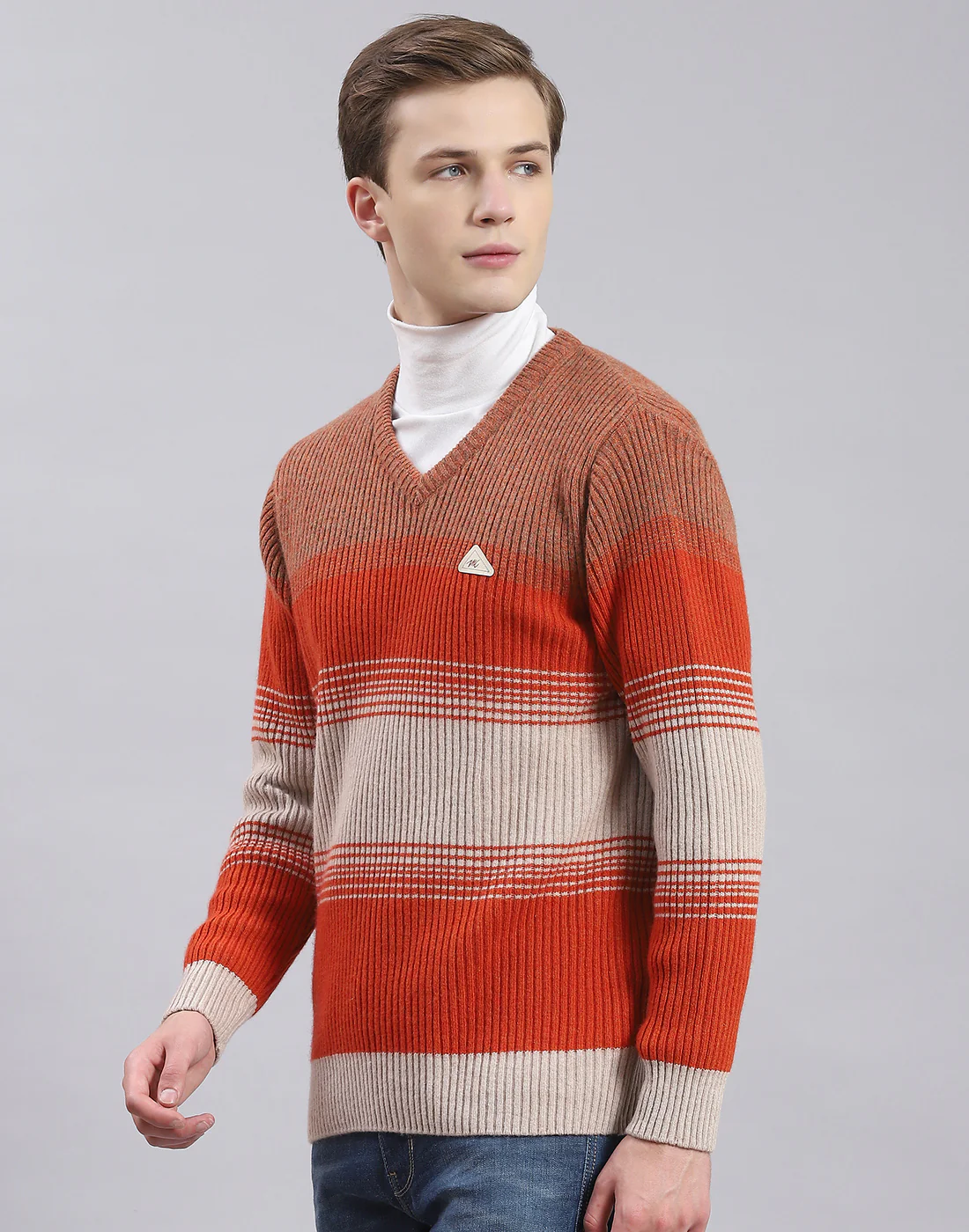 Men Rust Stripe V Neck Full Sleeve Sweater - Image 3